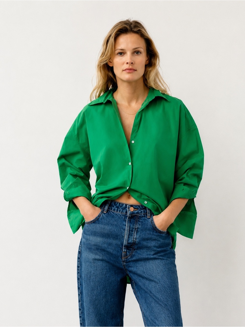Zara Emerald Green Oversized Button-Up Shirt Collared Long Sleeve Blouse Size XS